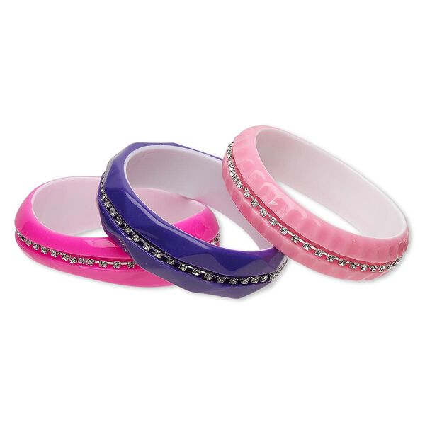 Bracelet, bangle, acrylic / glass rhinestone / silver-finished brass, multicolored, 26mm and 21mm wide with cupchain and wavy / fluted / triangle pattern, 8 inches. Sold per 3-piece set. image number 0