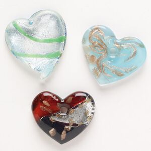 Random focal mix, lampworked glass, pkg/3, opaque and translucent mixed colors with silver-colored foil and copper-colored glitter, 33x30mm-49x37mm top-drilled flat and puffed heart.