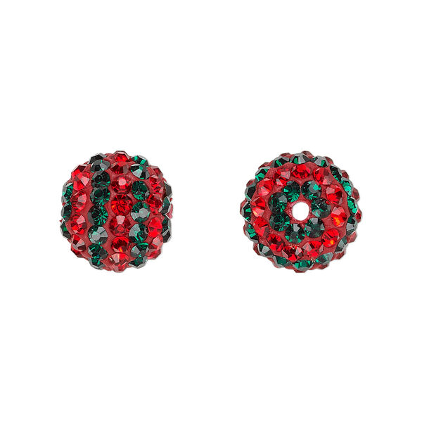 Bead, Egyptian glass rhinestone / epoxy / resin, red and dark green, 12mm round with pavé striped design. Sold individually. image number 0