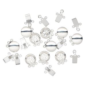 Clasp, 3-strand tab, silver-finished brass, 10.5mm round. Sold per pkg of 10.