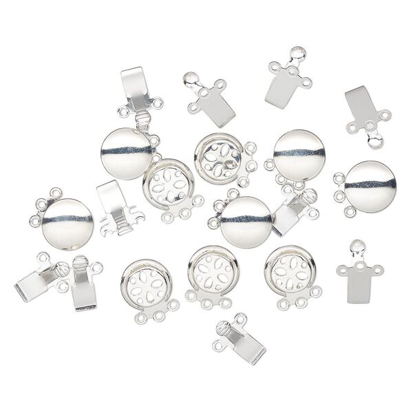 Clasp, 3-strand tab, silver-finished brass, 10.5mm round. Sold per pkg of 10. image number 0