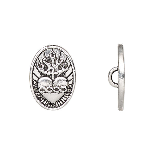 Button, TierraCast®, antique silver-plated pewter, 19x13mm oval with sacred heart and closed loop. Sold per pkg of 20. image number 0