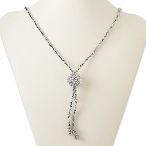 Necklace, glass / brass / plastic, silver, 3-1/2 inch dangle with 22mm round, 28-inch continuous loop. Sold individually.