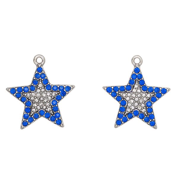Charm, antique silver finish "pewter" (zinc-based alloy) and glass, blue and clear, 25x24mm star. Sold per pkg of 2. image number 0