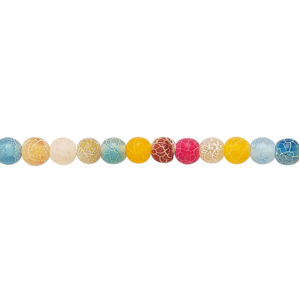 Bead, crackle agate (dyed / heated), matte multicolored, 4mm round, B grade, Mohs hardness 6-1/2 to 7. Sold per 8-inch strand, approximately 50-55 beads. image number 0