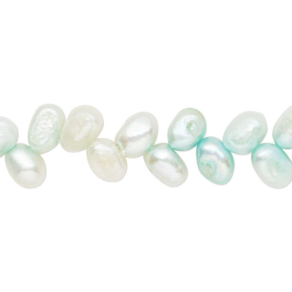 Pearl, cultured freshwater (dyed), light teal green, 7x5mm-8x6mm herringbone-drilled flat-sided rice with 0.4-0.6mm hole, D grade, Mohs hardness 2-1/2 to 4. Sold per 15-inch strand. image number 0