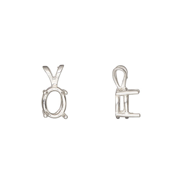 Pendant, Sure-Set™, sterling silver, 8x6mm pre-notched 4-prong oval basket setting. Sold individually. image number 0