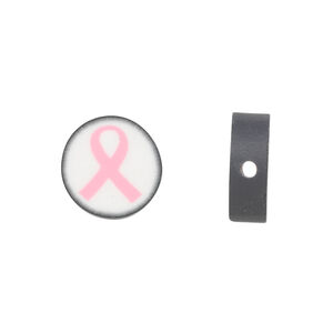Bead, polymer clay, white / black / pink, 14mm double-sided flat round with awareness ribbon. Sold per pkg of 30.