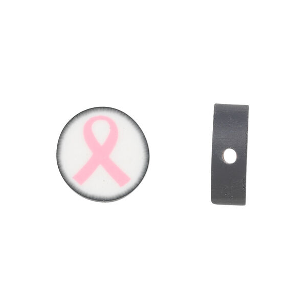 Bead, polymer clay, white / black / pink, 14mm double-sided flat round with awareness ribbon. Sold per pkg of 30. image number 0