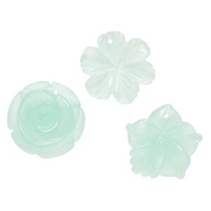 Drop mix, glass, translucent mint green, 23x18mm-26x25mm top-drilled carved flower. Sold per pkg of 3.