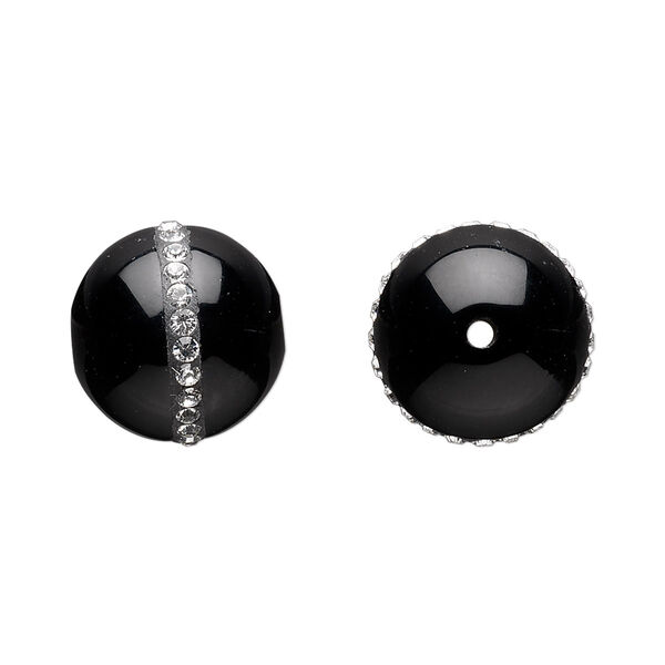 Bead, black onyx (dyed) and crystals, crystal clear, 14mm round with 2mm chatons, B grade, Mohs hardness 6-1/2 to 7. Sold individually. image number 0