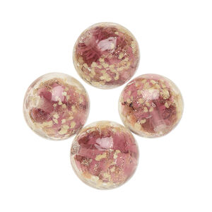 Bead, lampworked glass, clear / purple / glow-in-the-dark / gold, 14mm round. Sold per pkg of 4.