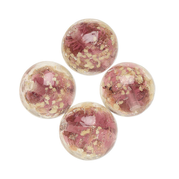 Bead, lampworked glass, clear / purple / glow-in-the-dark / gold, 14mm round. Sold per pkg of 4. image number 0