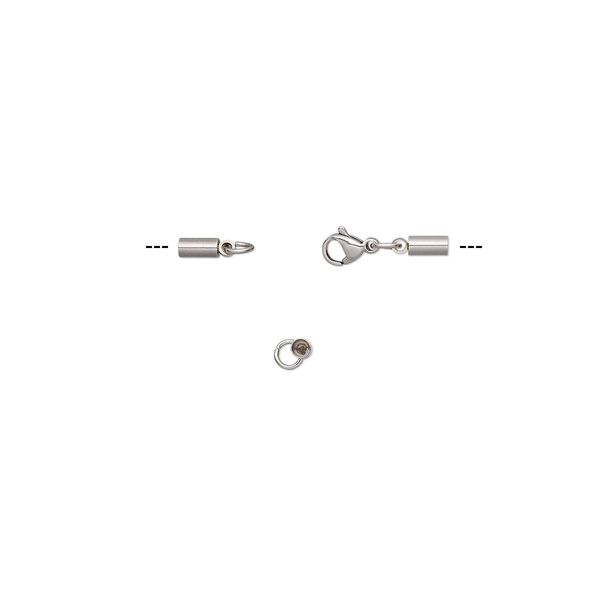 Clasp, lobster claw, stainless steel, 29x5.5mm with 9x5.5mm and 6x3mm cord ends, 2mm inside diameter. Sold individually. image number 0