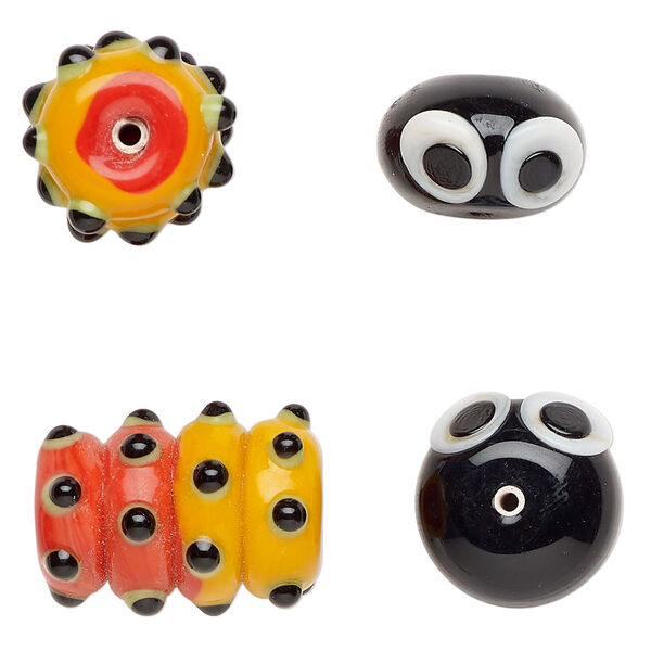 Bead, lampworked glass 2pkg2, multicolored, 17x12mm/24x18mm caterpillar head and body. image number 0