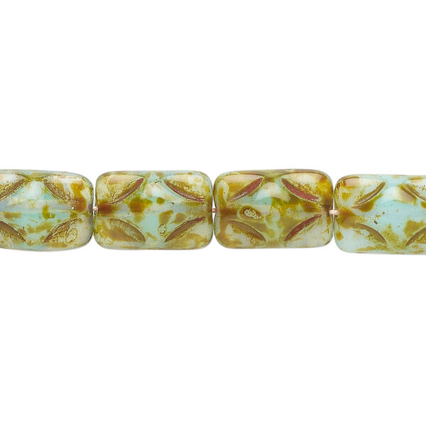 Bead, Czech pressed glass, opaque khaki and light blue, 13x8mm puffed rectangle. Sold per 14-inch strand, approximately 28 beads. image number 0
