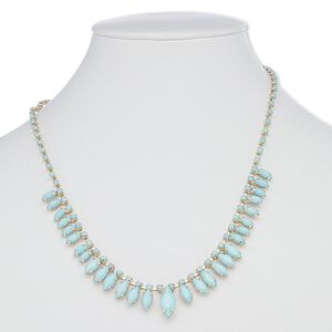 Necklace, acrylic / gold-finished brass / steel / "pewter" (zinc-based alloy), turquoise blue, marquise, 16 inches with 2-inch extender chain and lobster claw clasp. Sold individually.