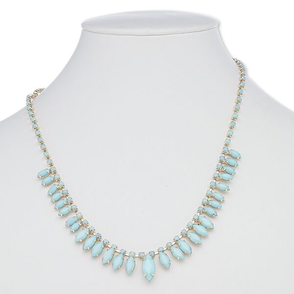 Necklace, acrylic / gold-finished brass / steel / "pewter" (zinc-based alloy), turquoise blue, marquise, 16 inches with 2-inch extender chain and lobster claw clasp. Sold individually. image number 0