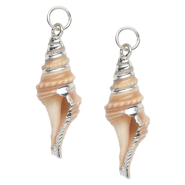 Drop, turrid shell (natural) and silver-plated steel, white and tan, 28x10mm. Sold per pkg of 2. image number 0