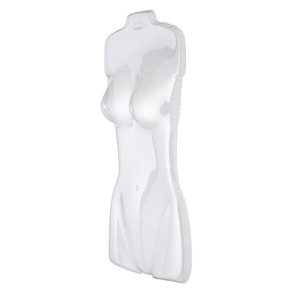 Display, acrylic, clear, 27 x 16 x 4-inch women's half torso with hanging tab. Sold per pkg of 3. image number 1
