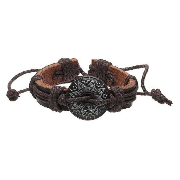 Bracelet, leather (dyed) / waxed cotton cord / antiqued "pewter" (zinc-based alloy), brown and black, 12mm wide with 25mm round donut with Southwest design, adjustable from 5-1/2 to 8 inches with knot closure. Sold per pkg of 2. image number 0