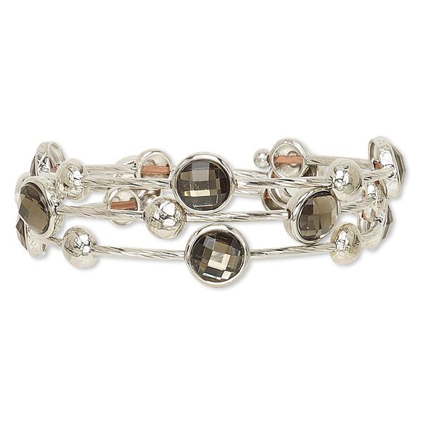 Bracelet, acrylic with imitation rhodium-plated steel memory wire and "pewter" (zinc-based alloy), smoked topaz, 25mm wide with round, adjustable from 7-1/2 to 8-1/2 inches. Sold individually. image number 0