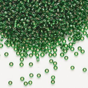 Seed bead, Miyuki, glass, pkg/25g, #11 rocaille, transparent silver-lined green, (RR-16).