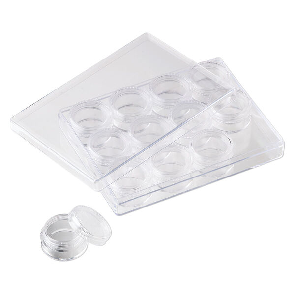 Organizer, plastic, clear, 5 x 3-3/4 x 7/8 inch rectangle, (12) 1-1/8 x 5/8 inch round vials with twist-off lids. Sold individually. image number 1