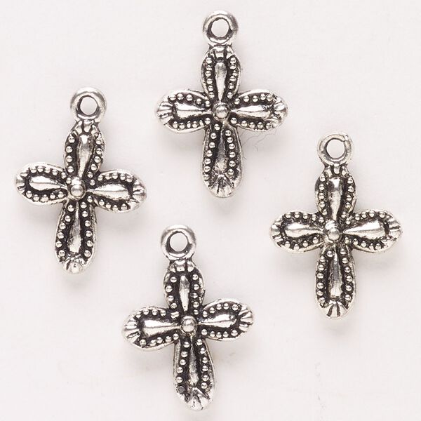 Drop, antique silver-finished "pewter" (zinc-based alloy), 16x14mm double-sided cross. Sold per pkg of 4. image number 0