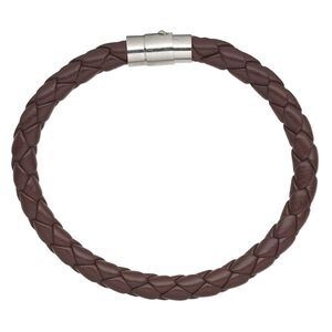 Bracelet, leatherette and imitation rhodium-plated brass, brown, 6mm wide braided, 7 inches with magnetic locking tube clasp. Sold individually.