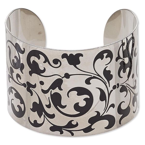 Bracelet, cuff, imitation rhodium-finished carbon steel, black, 46mm wide with vine design, adjustable from 7 to 7-1/2 inches. Sold individually. image number 0
