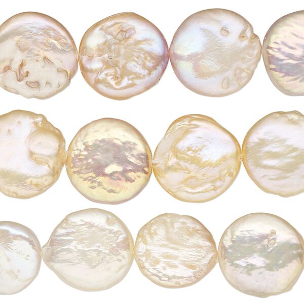 Pearl, cultured freshwater (natural), peach, 10-14mm flat round, C grade, Mohs hardness 2-1/4 to 4 . Sold per 8-inch strand, approximately 15-20 beads. image number 0