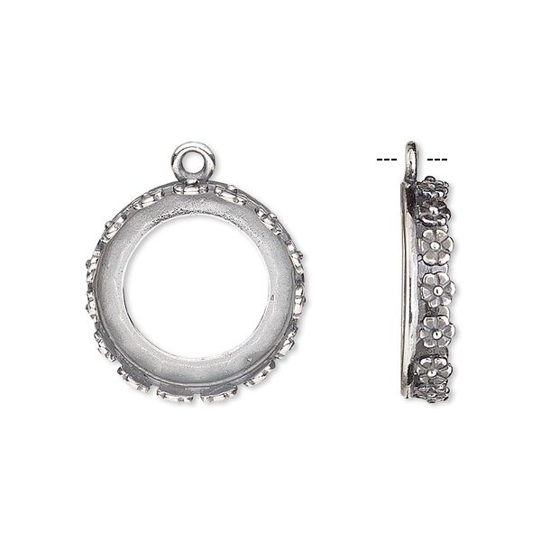 Drop, JBB Findings, antique silver-plated brass, 18mm round with open back and flower design trim, 16mm round bezel setting. Sold per pkg of 2. image number 0