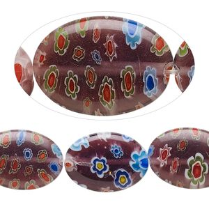 Bead, millefiori glass, translucent dark plum and multicolored, 18x13mm puffed oval. Sold per 15-inch strand, approximately 20 beads.