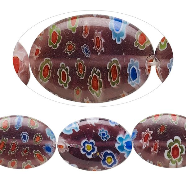 Bead, millefiori glass, translucent dark plum and multicolored, 18x13mm puffed oval. Sold per 15-inch strand, approximately 20 beads. image number 0