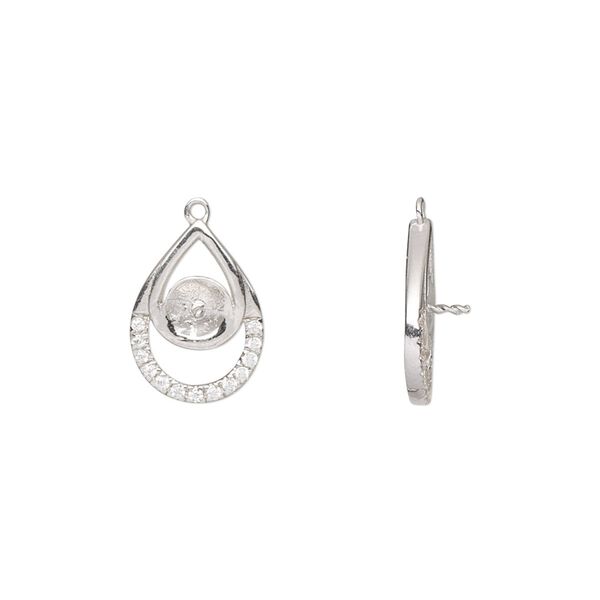 Drop, sterling silver and cubic zirconia, clear, 13.5x10mm teardrop with 5.5mm cup and 3mm peg, fits 6mm half-drilled bead. Sold individually. image number 0
