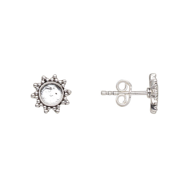 Earstud, antiqued sterling silver, 9x9mm flower with 5mm round setting. Sold per pair. image number 0