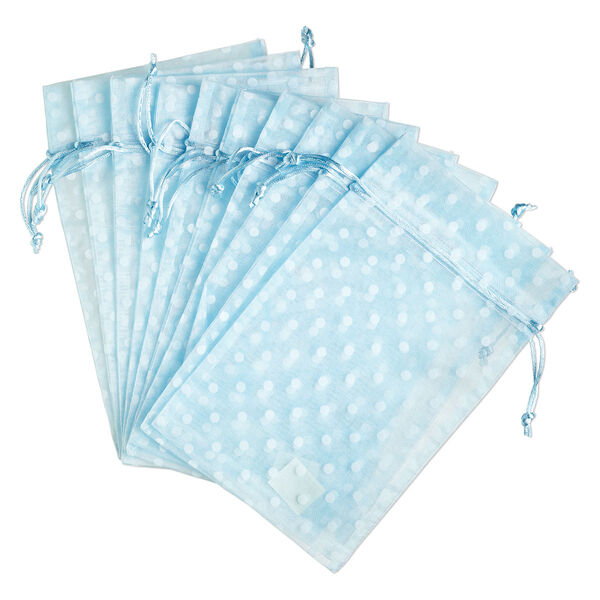 Pouch, organza, light blue and white, 10x6 inches with flocked dots pattern and drawstring closure. Sold per pkg of 12. image number 0