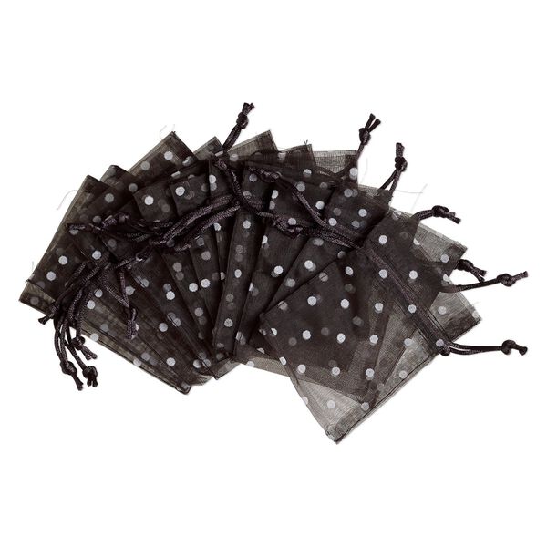 Pouch, flocked organza, black and white, 4x3 inches with dots pattern and drawstring closure. Sold per pkg of 12. image number 0