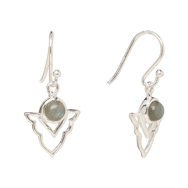 Ear wire, Create Compliments®, antiqued sterling silver and labradorite (natural), fishhook, 29mm with 15.5x14mm single-sided open arrowhead, 21 gauge. Sold per pair. image number 0