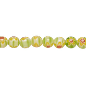 Bead, millefiori glass 1pkg1, translucent green / red / multicolored, 6mm round, 15 inches.