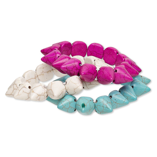 Bracelet, stretch, "turquoise" (imitation) resin, purple / white / turquoise blue, 14mm spike, 7 inches. Sold per pkg of 3. image number 0