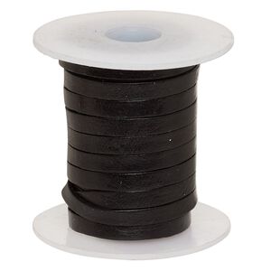 Cord, leather, black, 4mm flat. Sold per 5-yard spool.