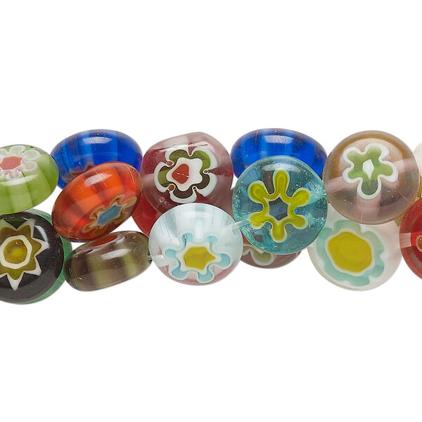 Bead mix, millefiori glass, translucent multicolored, puffed flat round 9-11mm with flower design. Sold per (3) 14-inch strands. image number 0
