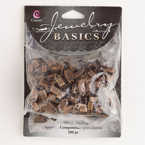 Cord end assortment, steel, pkg/200, antique copper finish, 5x4mm and 6x5mm fold-over rectangle. image number 0