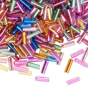 Bugle bead mix 1pkg50g glass, metallic silver-lined mixed colors, 1/4 inch x #3 / 6x2mm round tube