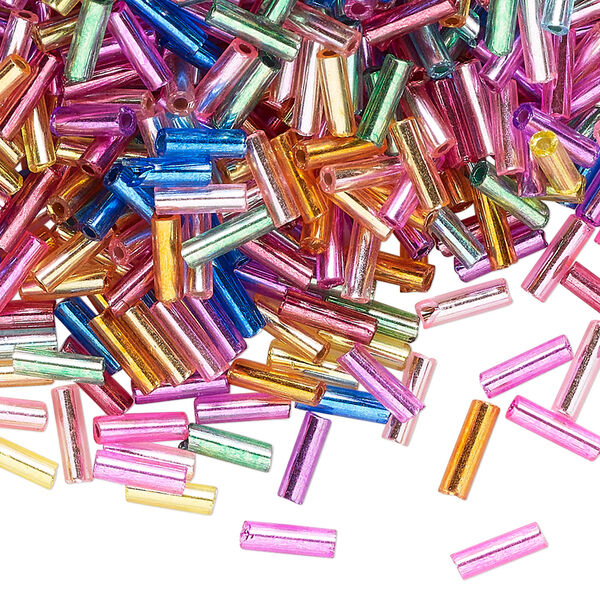Bugle bead mix 1pkg50g glass, metallic silver-lined mixed colors, 1/4 inch x #3 / 6x2mm round tube image number 0