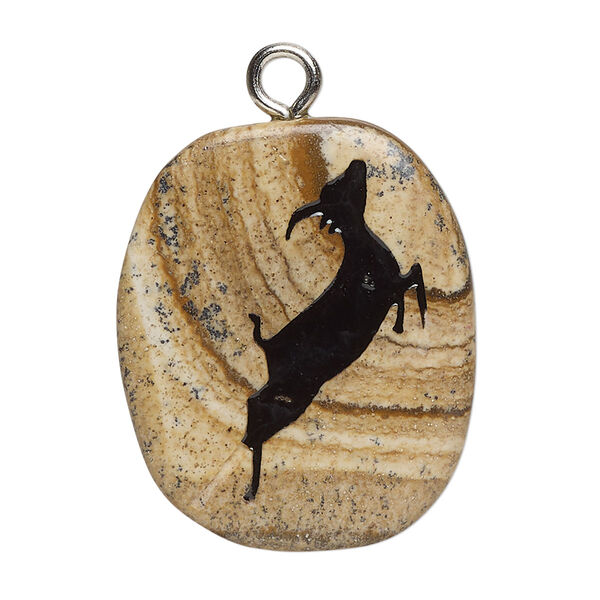 Focal 1pkg1 picture jasper / enamel / steel, 26x20-38x31mm single-sided freeform oval / antelope B- grade, natural / silver finish image number 0