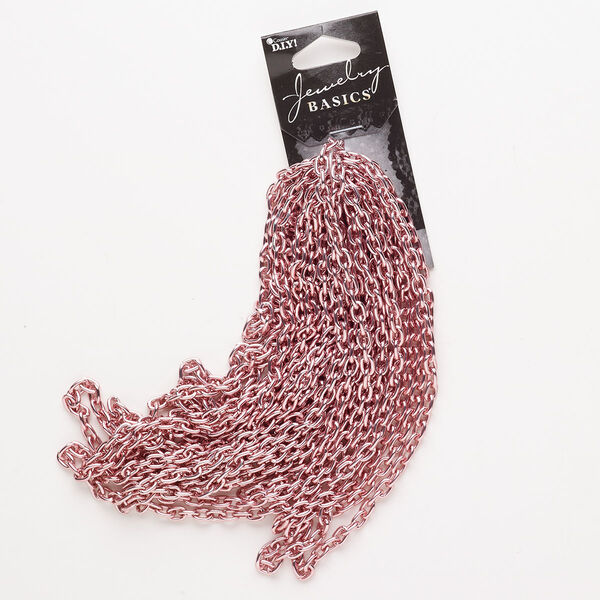 Chain, anodized aluminum, pkg/160 inches, 4.1mm oval rolo, pink. image number 0