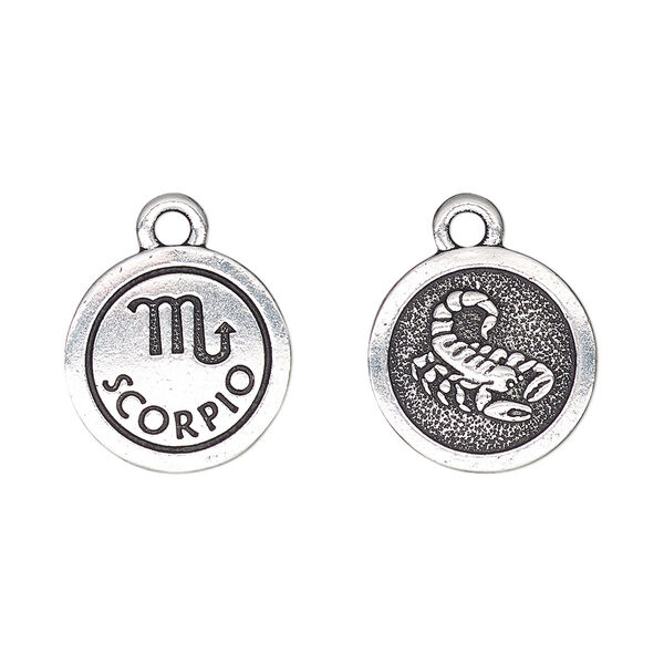 Charm, TierraCast®, antique silver-plated pewter (tin-based alloy), 15mm two-sided flat round with Scorpio zodiac sign and symbol. Sold per pkg of 2. image number 0
